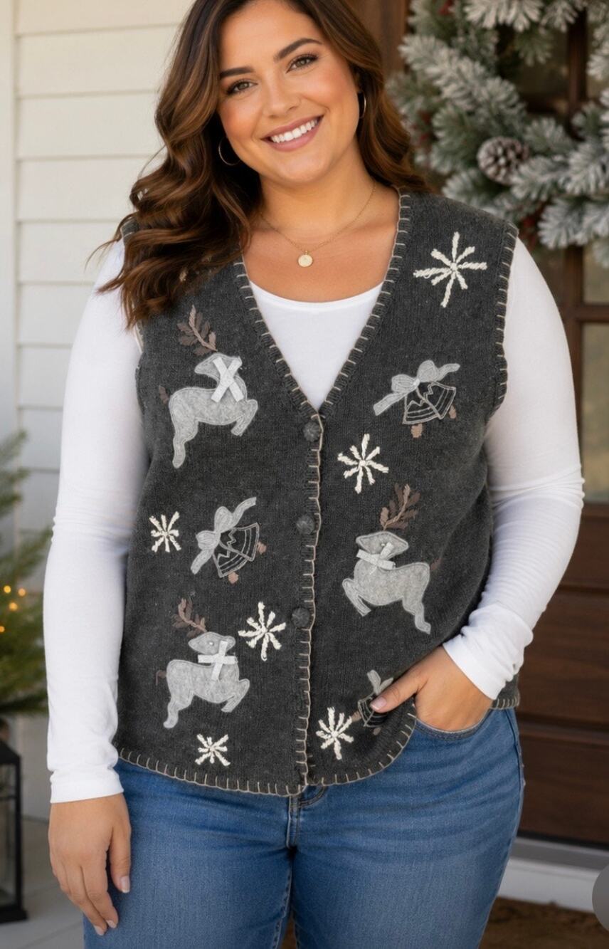 Vintage In Resource Sweater Vest L Reindeer Bells Embroidered Grannycore 90s